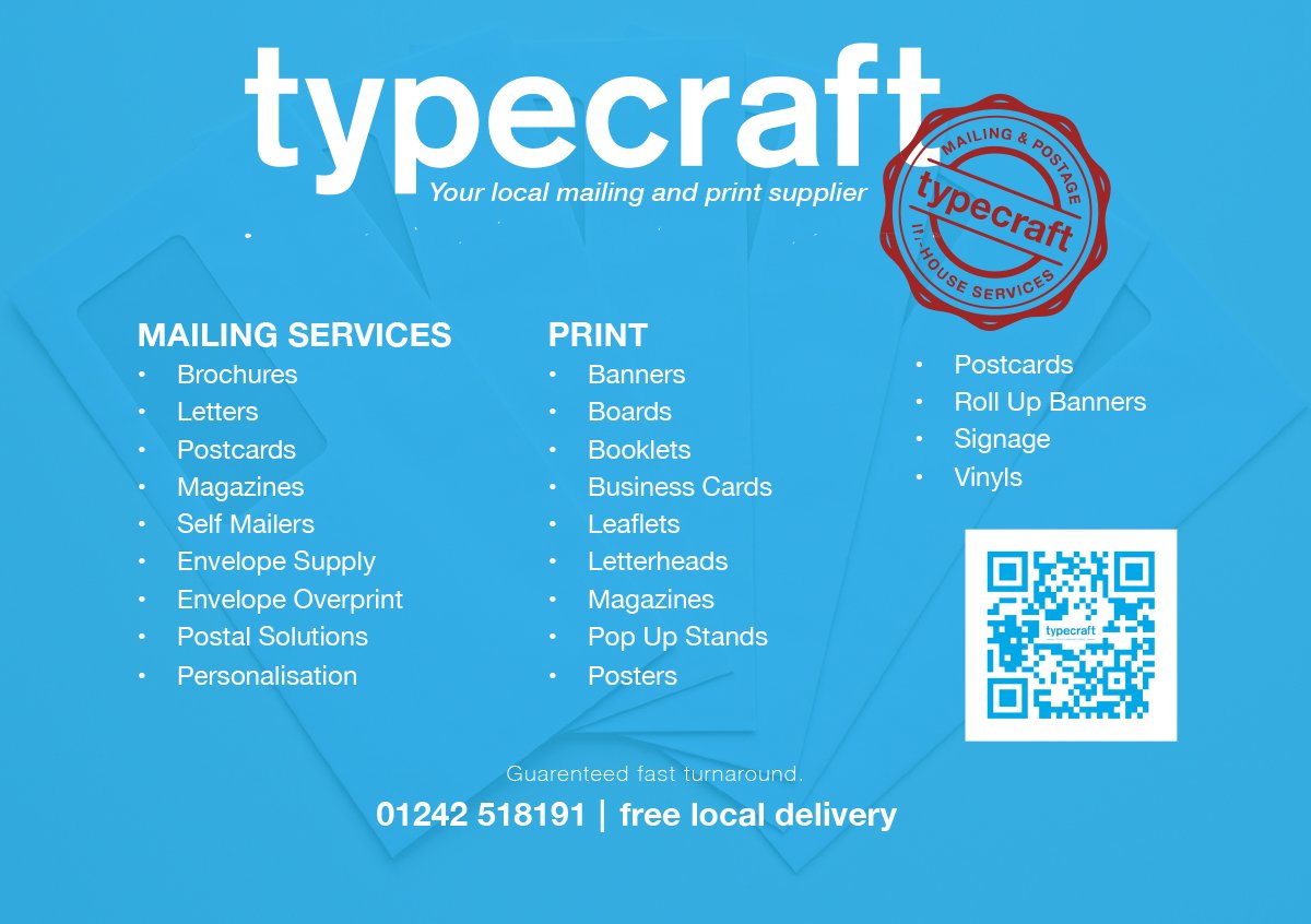 Alongside all of our Large Format work, we can now produce a whole range of print and mail services at our partners <a href="/TypecraftPrint/">Typecraft</a>.

📞 01242 505134 for a FREE QUOTE.