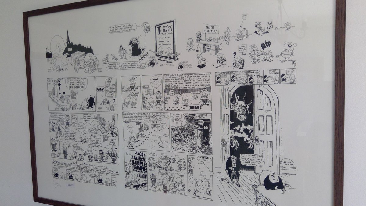 JimTyson73's tweet photo. Pride of place on my living room wall is this magnificent framed print by #LeoBaxendale reminding me on a daily basis just how far I have to go as a comic artist! This man truly was the master of the medium, and a total childhood hero of mine.@comicartfest #comicgenius #babybasil https://t.co/veNM89m4l5