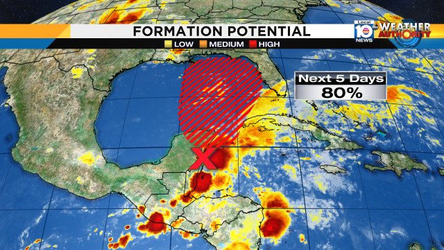 WPLGLocal10's tweet photo. The NHC is now giving this broad area of low pressure an 80% chance of becoming a tropical cyclone in the next few days as it moves into the Gulf of Mexico. Regardless of development SFLO needs to be ready for tropical downpours, &amp; flooding this weekend. https://t.co/yKtYwIz6cl