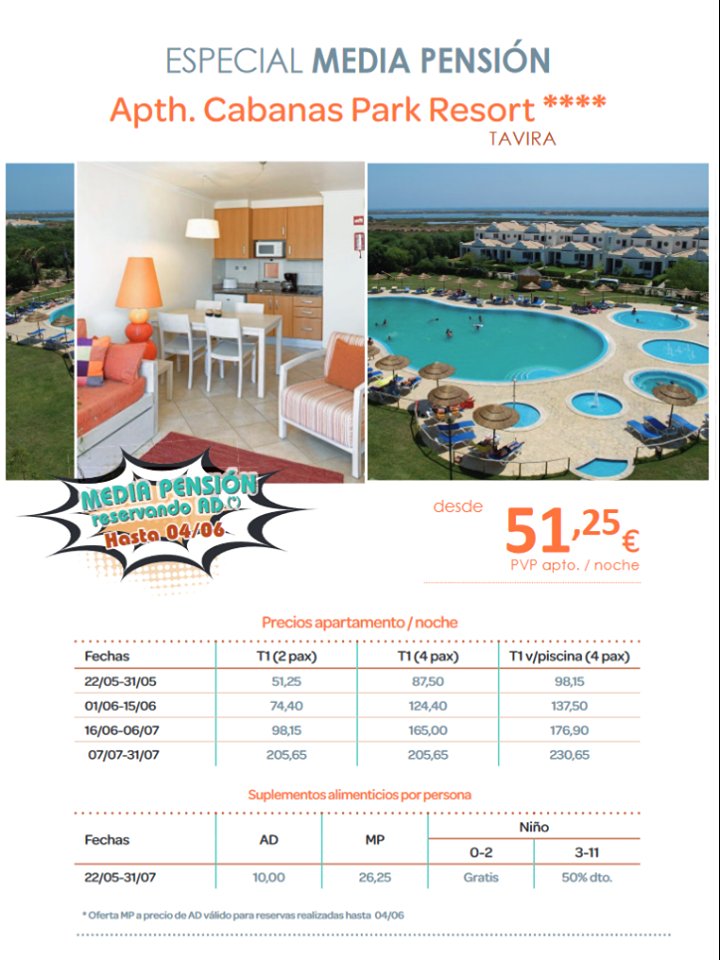 deviajeo's tweet photo. ESPECIAL MEDIA PENSIÓN Apth. #CabanasParkResort**** #TAVIRA  Desde 51,25€ Apth/noche. ¡No dejes pasar esta #Oferta!  #CostaEsteMurcia #Portugal #Apartamentos #Viajar #Escapadas #FelizJueves #ViveViajando #RegalaEscapadas #RegalaViajes #Regalos #ViajarEsSaluld #vive #vivefeliz https://t.co/s2IWm2jucS