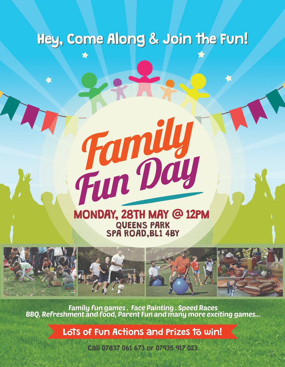 phcbolton's tweet photo. This Bank Holiday Monday come and join us and have some fun with out Family Fun Day!!! 🙌🏾🙌🏾

It’s going to be jam packed with games, good and other activities! 

Starts @12PM in Queens Park

More info on flyer https://t.co/dgCtq8Kt7w