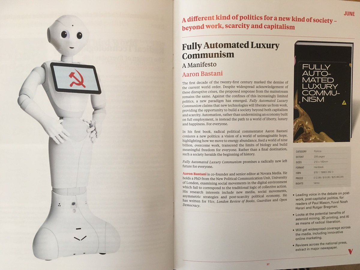 MattColeWorks's tweet photo. The latest @NewLeftReview arrived with the @VersoBooks catalogue and it flops open to reveal a communist robot and @AaronBastani ‘s new book. Always good to have a dose of optimism. @Autonomy_UK and I are looking forward to it. #Futureofwork #futureofnowork #utopianow https://t.co/1LxiIajU9l