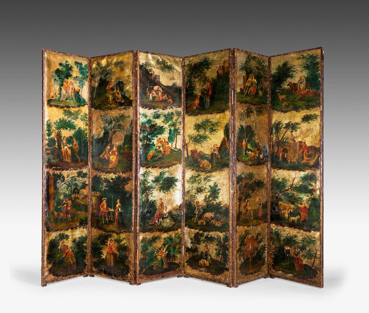 HseWindsor's tweet image. A Mid-18th Century Six Fold Screen. A good six-fold screen on a canvas with twenty-four oil painted panels of rural scenes on a soft gold background.
c1770  Ref 5825

For more Details: bit.ly/2rYDoEK

#antique #firescreen #homedecor #luxury #style antiquefurniture