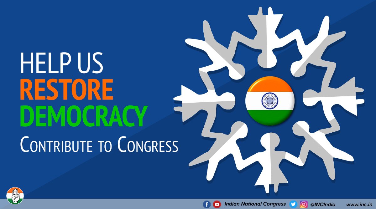 INCIndia's tweet image. The Congress needs your support and help. Help us restore the democracy which India has proudly embraced since 70 years by making a small contribution here: inc.in/en/voluntary-c… 
#IContributeForIndia