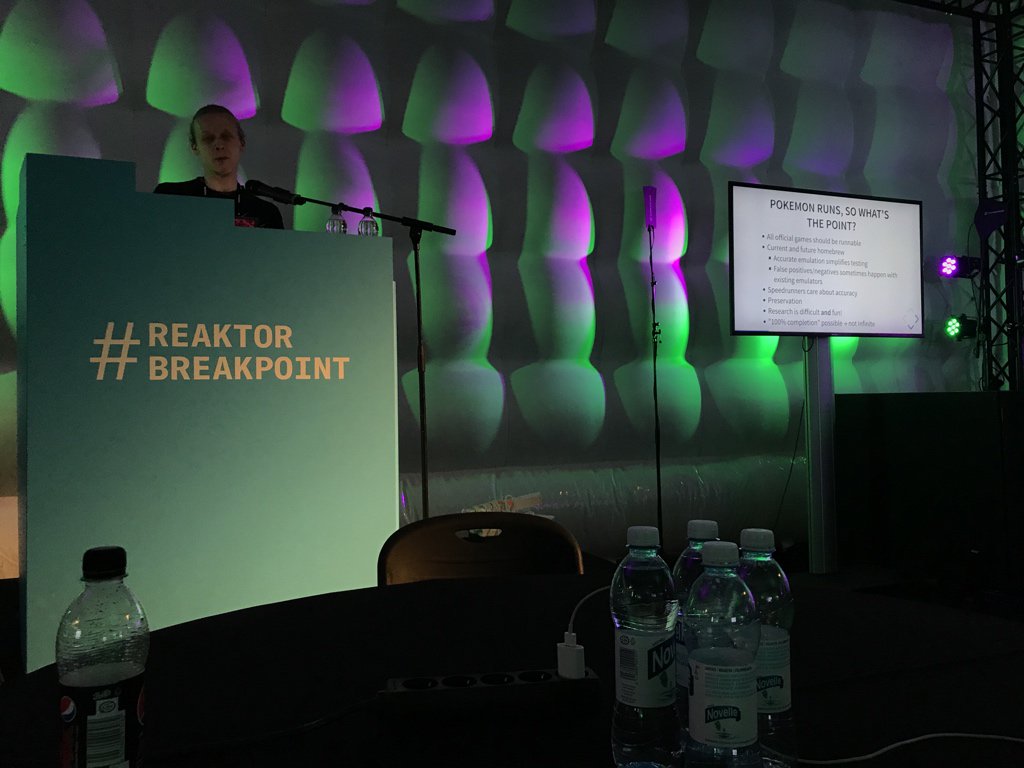 tsuzero's tweet photo. ”Pokemon runs, so what’s the point?” @gekkio gives some deep insights into GameBoy emulation at #reaktorbreakpoint https://t.co/Jj8RCPbxNt