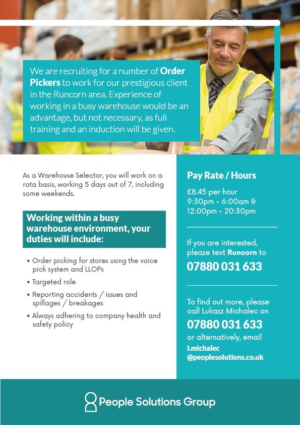 ThePeopleSolGrp's tweet photo. We are recruiting a number of #Order #Pickers to work for our prestigious client in the #Runcorn area.

To find out more, please call Lukasz Michalec on 07880 031 633
or alternatively, email l.michalec@peoplesolutions.co.uk https://t.co/ugybCclayR
