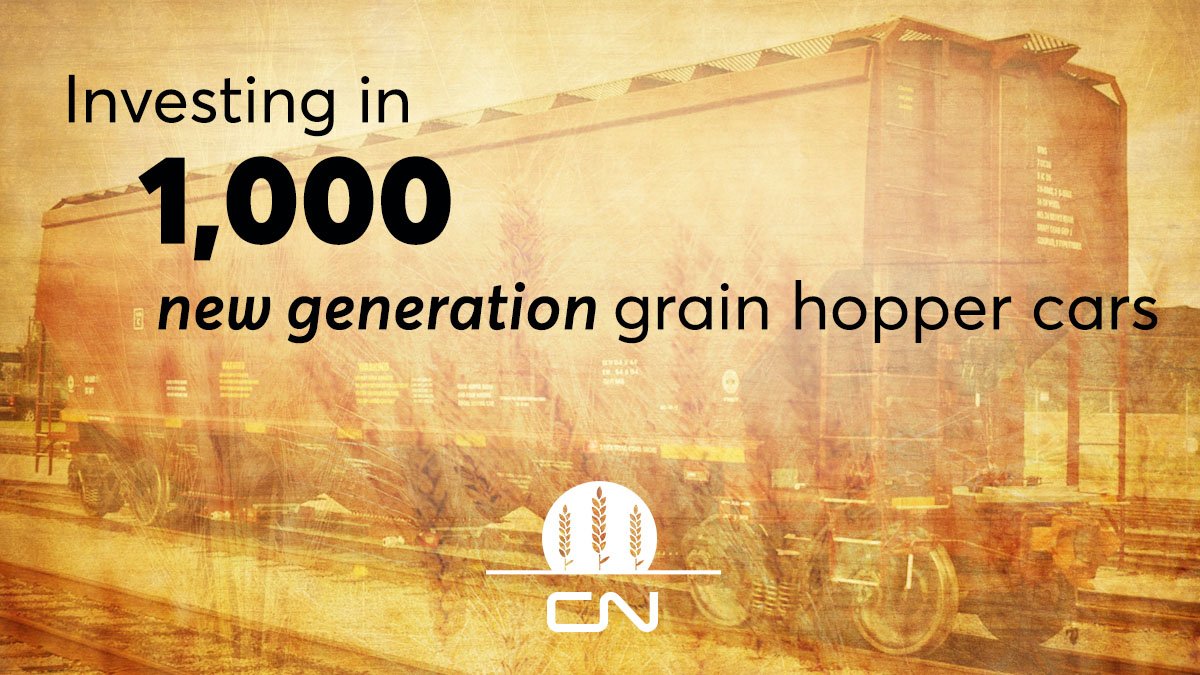 CNRailway's tweet photo. CN is investing in 1,000 new generation grain hopper cars to renew the fleet and meet the long-term needs of farmers.

Read more: https://t.co/JhmNynZd0Z

#WestCdnAg https://t.co/toaVJxkJTO