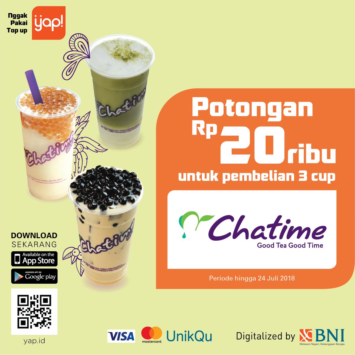 BNI's tweet photo. Promo Chatime pas banget untuk buka puasa!
Beli 3 cup dapat potongan Rp 20 ribu tentunya bayar pake yap!
Periode promo hingga 24 Juli 2018 di seluruh outlet Chatime di Jabodetabek!
@yapinaja
@ChatimeIndo
#yapinaja
#generasiyap https://t.co/KQg064h2HU
