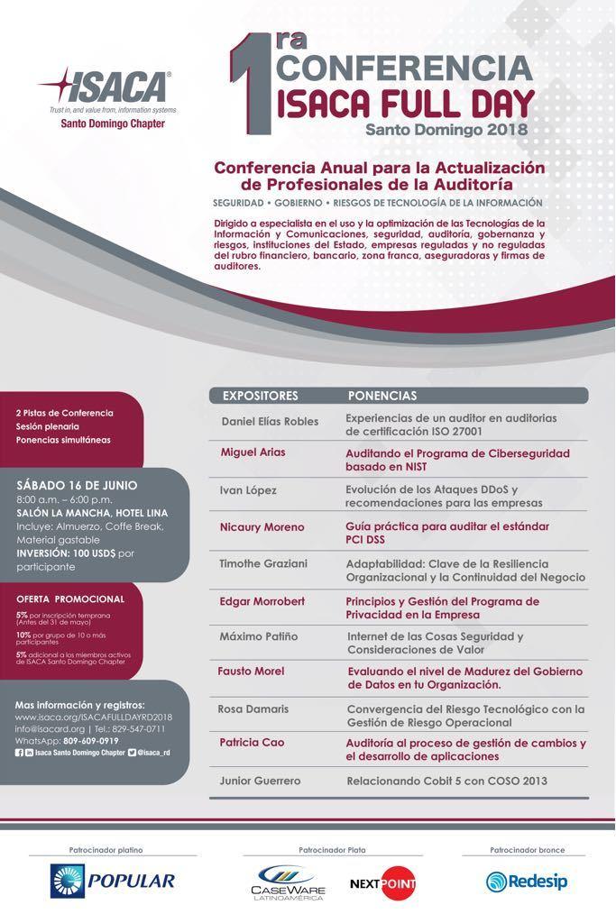isacasdchapter's tweet photo. #IsacaFullDayRD18 es un evento formativo de amplia repercusión internacional, que se realiza con éxito en países de la región. Organizada por los capítulos locales de ISACA, asociación profesional internacional con presencia en 130 países y más 150 mil afiliados en el mundo. https://t.co/kMJgvpxdGI