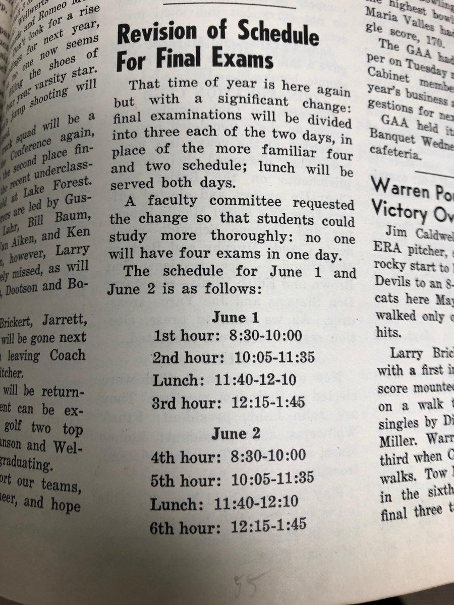 Here's the finals schedule from 1955. Look like a rough approximation of what we do now! I wonder how many time this has changed over the years....