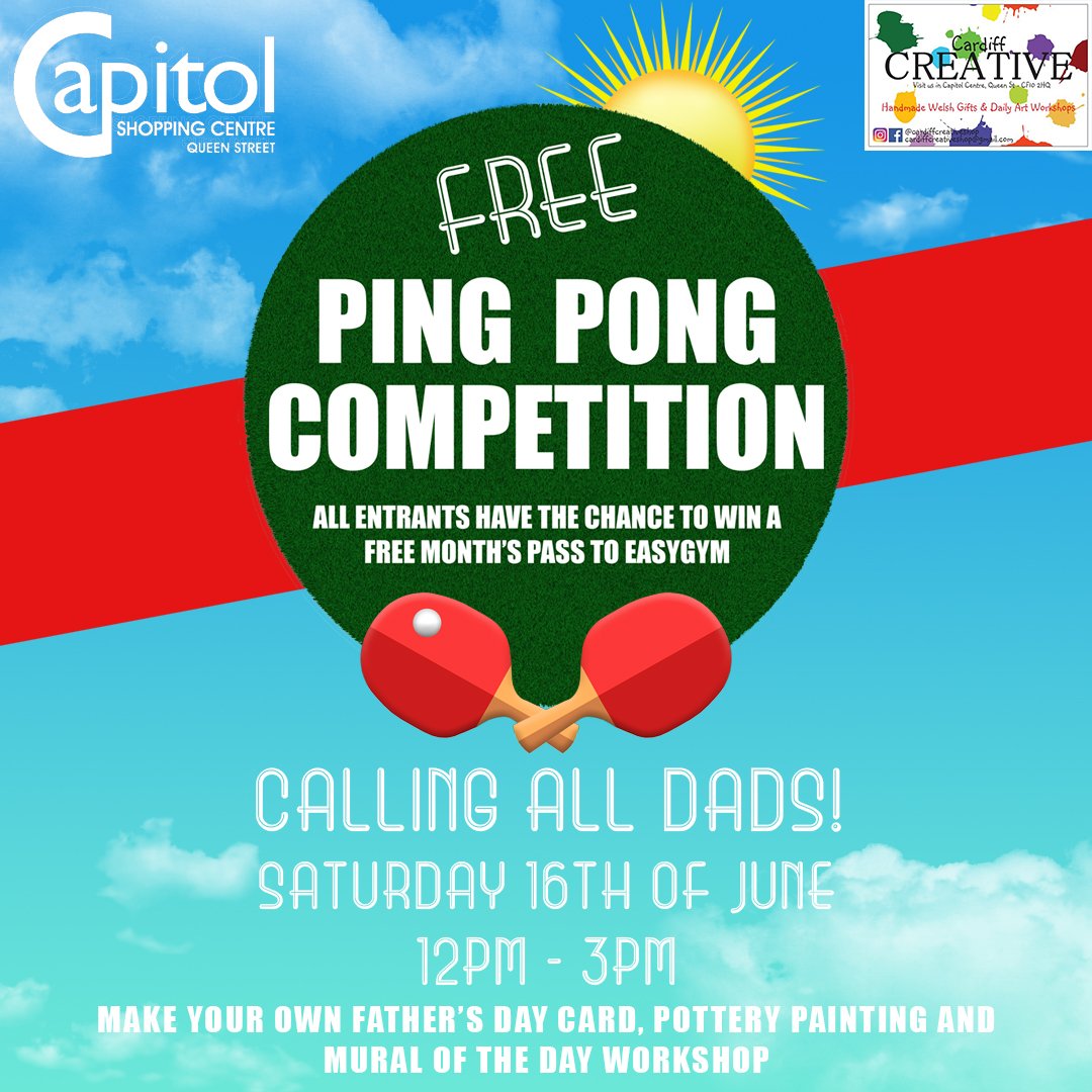 Capitol_Cardiff's tweet photo. Up for a ping pong competition? Join us in the Capitol on Saturday 16th June from 12-3pm to celebrate Father's Day! There will be lots of crafts on offer from @CDFCreativeShop too! ✨ https://t.co/jotr6zi6hW
