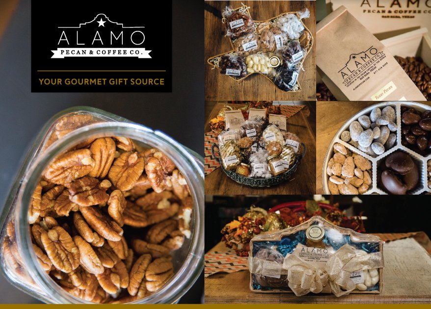 Looking for a yummy gift? Check out our #gourmet guide online! The best #Pecan baskets, tins, trays and gift boxes. #Coffee blended with real pecan pieces #TexasPecan #Gift alamopecan.com
