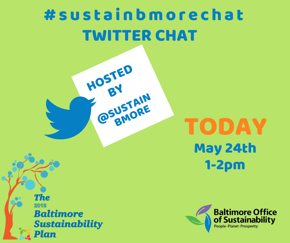 SustainBmore's tweet photo. #Baltimore TODAY is our live Twitter comment storm! Join us and our special guests at 1pm. Bring all of your questions about the sustainability plan and we'll bring the answers 😎 Talk to you soon! #sustainbmorechat https://t.co/cPOLzXROCX