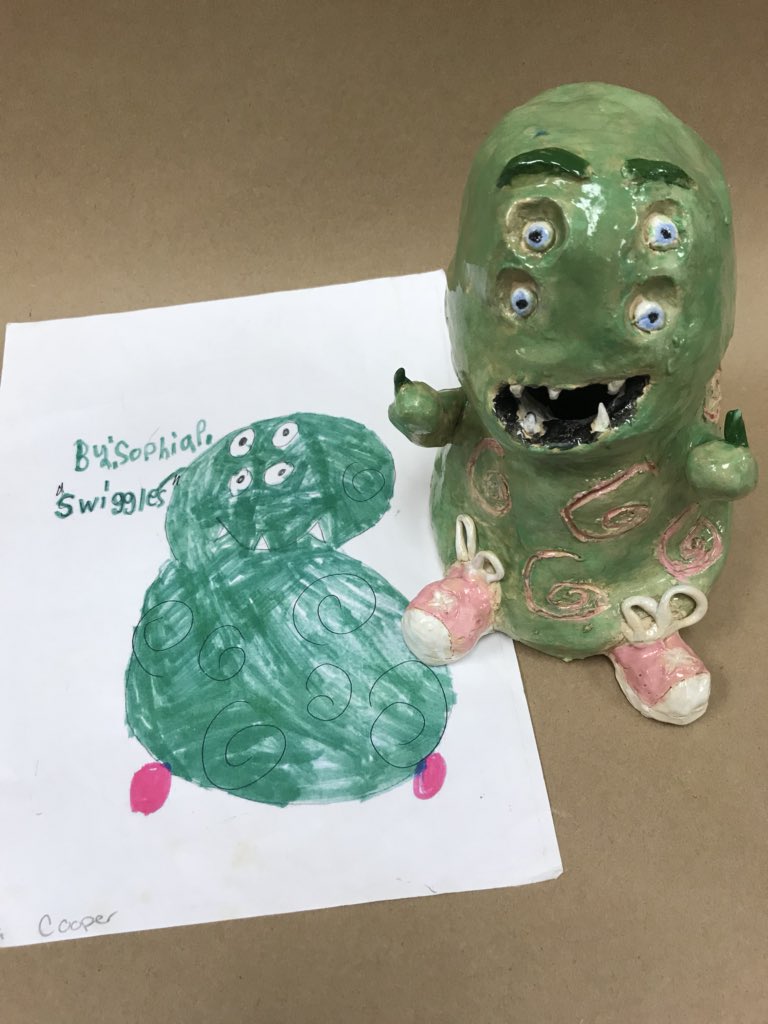 CB South Ceramics 1 collaborated with Barclay's 3rd grade art students: Barclay illustrated monsters and South made them 3D! @mvanhoutenart <a href="/CBSDart/">Cҽɳƚɾαʅ Bυƈƙʂ Aɾƚ</a> dart
