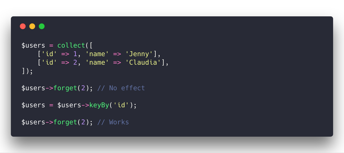 christophrumpel's tweet photo. 🦄 Laravel Quick Tip: Did you know that you can change the keys of a collection to a given value of the collection? 😮  Perfect for removing items of a collection by the model id. #laravel https://t.co/kgsVnkFCBe