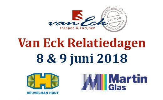 Heuvelman Hout en Martin Glas ook op 8 en 9 juni bij Van Eck relatiedagen
Onze leverancier van hout- en plaatmaterialen zal zijn producten tonen, waaronder Millpanel deuren. Ook onze glasleverancier Martin Glas is van de partij. Meer info: bit.ly/2GpE9va.