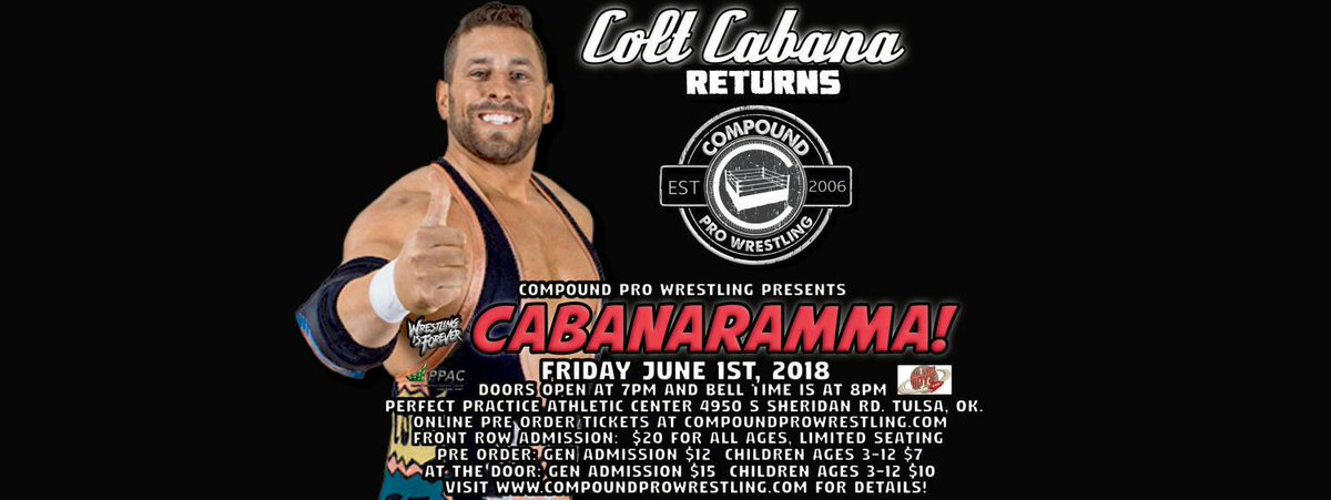 Compoundpw's tweet photo. Compound presents "Cabanaramma" on FRIDAY, June 1st. Tickets are on sale now at https://t.co/vIZxYwRnrS. @ColtCabana vs. @RDBEAR57 among the matches. Plus, X Div Champ @cmh00ligan, @ArminSyzlack, @Swoldemort, and many more!!! https://t.co/thtCdsoAdL