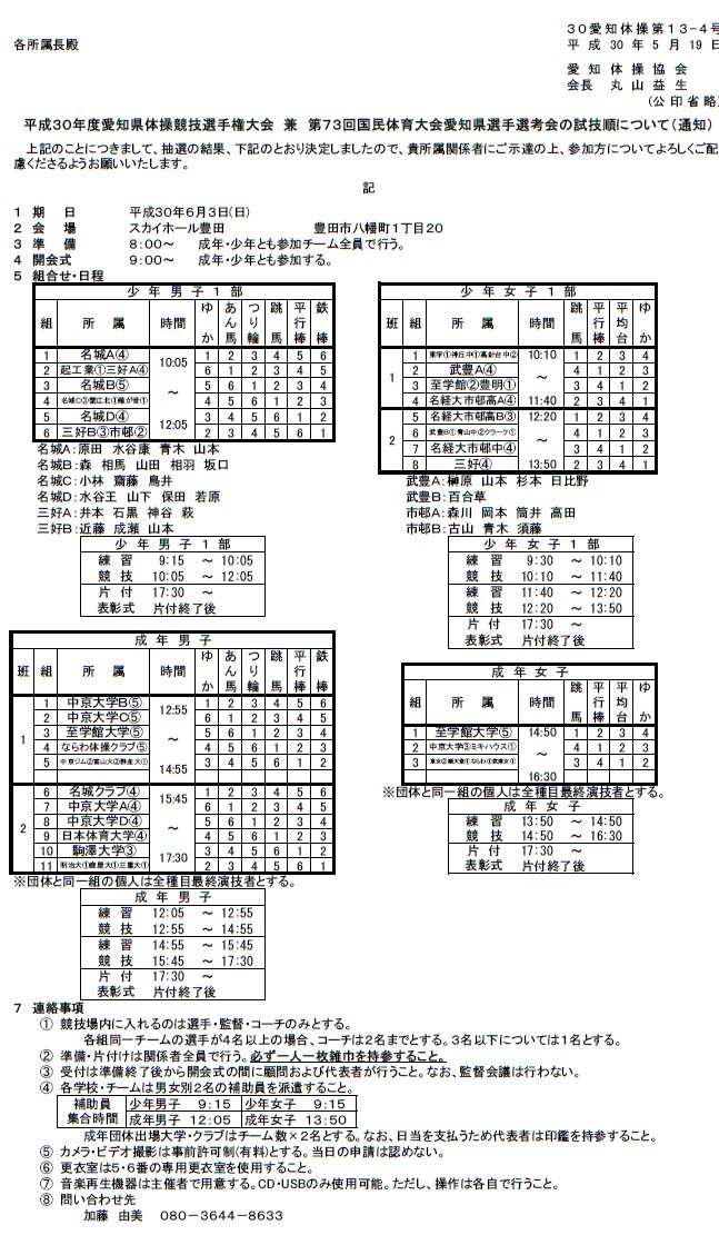 もみじ Pa Twitter 愛知県体操協会hp 平成30年度愛知県体操競技選手権大会 兼 第73回国民体育大会 愛知県選手選考会 成年 少年1部の組み合わせ結果 6 3 日 スカイホール豊田 Https T Co Pz0yads6wc