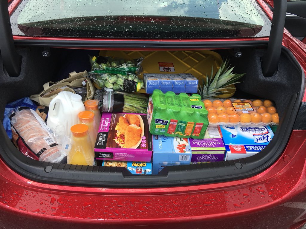 KFinProductions's tweet photo. You know I just had to do it!The #FAB5GroceryShoppingChallenge in order to show you just how much space the all new #DeanMcCrary Mazda 6 has...I loaded up the car w 2 buggies full of food&here’s the final result!We have a 12,13&14 year old&they❤️to eat!Details next @fmtalk1065 https://t.co/BJMCfWK6B0