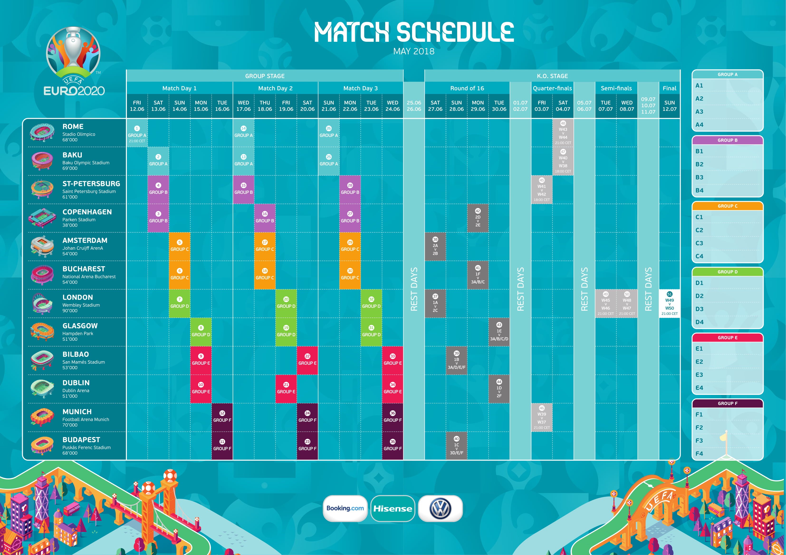 European Football Euro 2020 Match Schedule Tournament Wall Chart