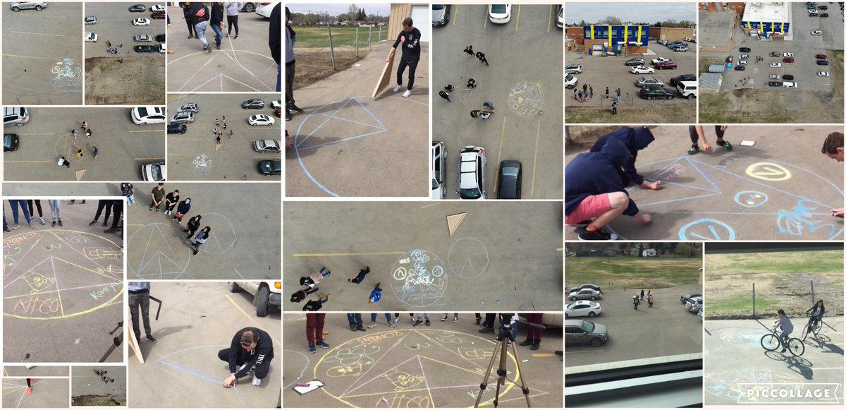 vendi55's tweet photo. The school drone recorded the appearance some of mysterious #cropcircles on the back parking lot of @oneilltitans After school bicyclist ponder origins and meanings #inscribedangle #centralangle #perpendicularbisector #tangentline #grade9math @RCSD_No81 #mathisfun https://t.co/05gN8ogEFP