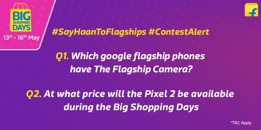 Flipkart's tweet photo. Here we go! 

Have a look at Question 1 &amp; Question 2 for our #SayHaanToFlagships contest - and start answering! #BigShoppingDays https://t.co/VhUZv7QPlx