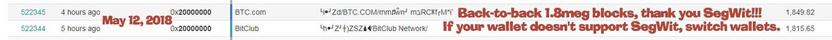 BitcoinAscent's tweet photo. Back-to-back 1.8meg blocks, with #SegWit only at ~37% usage!!!
Cheaper transactions, bigger blocks, and all you have to do is use SegWit addresses.
If your wallet doesn't support SegWit... Switch wallets!!!
#Bitcoin #NoBcash https://t.co/x8as58dkbU