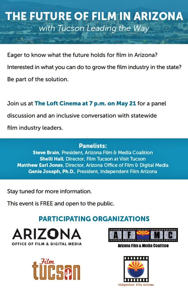 The Future of Film in Arizona!
Intros by <a href="/JRothschildAZ/">Jonathan Rothschild</a>
&amp; <a href="/SteveKWard6/">Steve Kozachik</a>.
W/ Shelli Hall of @FilmTucson
Matthew Earl Jones of <a href="/AZFilmOffice/">Arizona Film Office</a>
<a href="/stevebrain1/">Steve Brain</a> of @AzFMC
<a href="/azinfilm/">Jeneiene Schaffer</a> of <a href="/indiefilmaz/">Independent Film Arizona</a>
at <a href="/TheLoftCinema/">theloftcinema</a>
RSVP: NGrant@VisitTucson.org
facebook.com/events/1740872…
#GoFilmAz