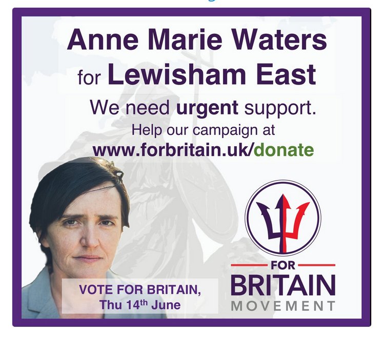 real_AnneArm's tweet photo. @spurs4eva1965 @2tweetaboutit @PinkAvis @BrexitCitizen @AMDWaters @KTHopkins Do you live near Lewisham East?  If you follow Anne-Marie Waters and her FOR BRITAIN  party, then please volunteer to help in the way you can. Pavement pounders, donations, and all other local support very appreciated for this brave courageous lady. @ForBritainParty @AMDWaters https://t.co/x5Ktk3Xm84