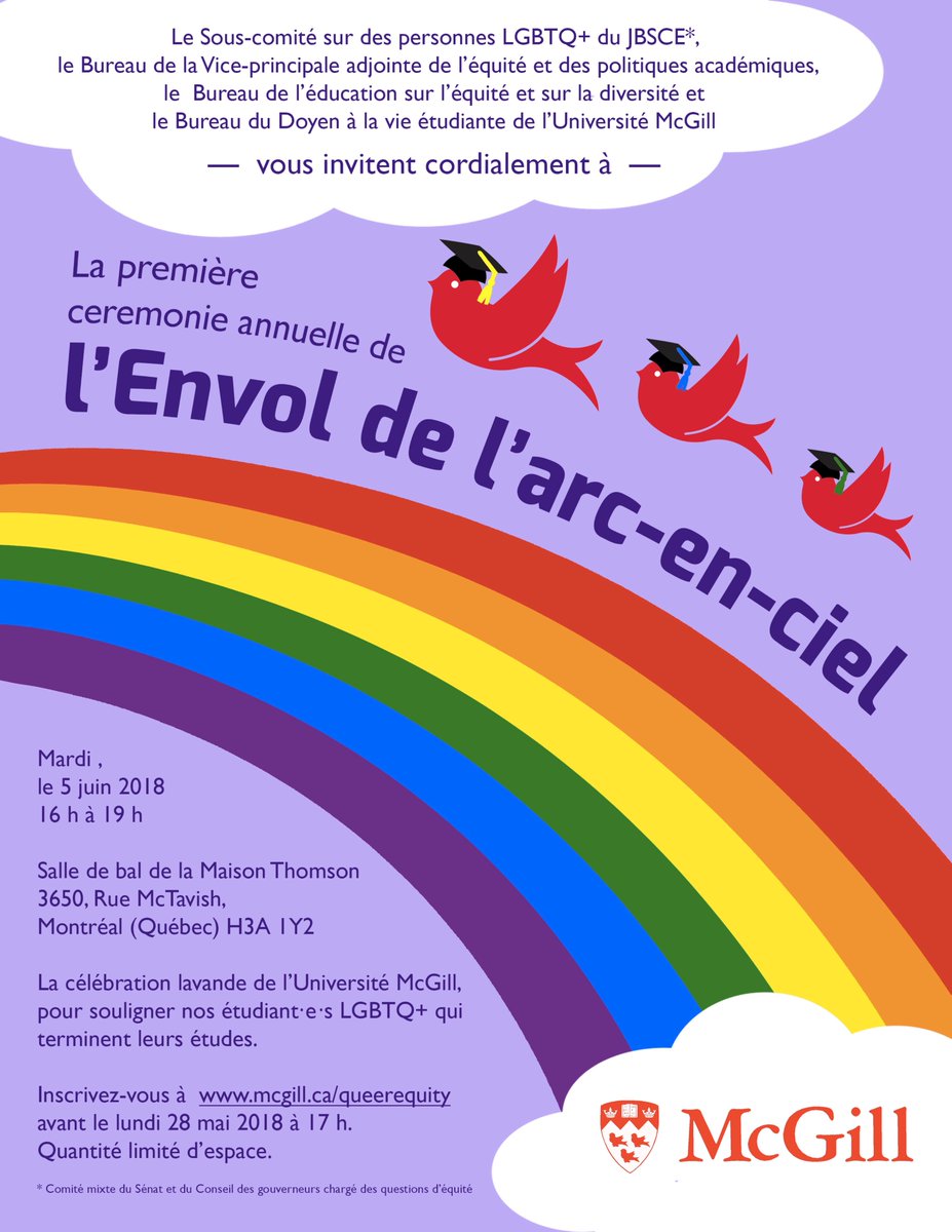 BiblioQC's tweet photo. Register for the first-ever Launch of the #Rainbow Graduation Celebration! Let's celebration graduating #LGBTQ+ students and fête their achievements as they begin life after @mcgillu! https://t.co/TgnbQn8QUs #McGill #LavGrad #LGBT @SEDEMcGill @CMBuddle @angelarcampbell @McGillLib https://t.co/NlF4huMqTt