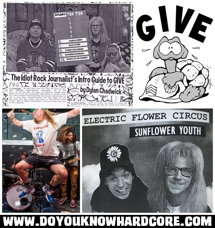 Atimental's tweet image. The Idiot Rock Journalist's Intro Guide to GIVE by Dylan Chadwick. Originally released in Chiller Than Most fanzine, issue 3.5.
Pic by Tyler Ross, art by @drugdogs. 
doyouknowhardcore.com/2018/05/12/the…