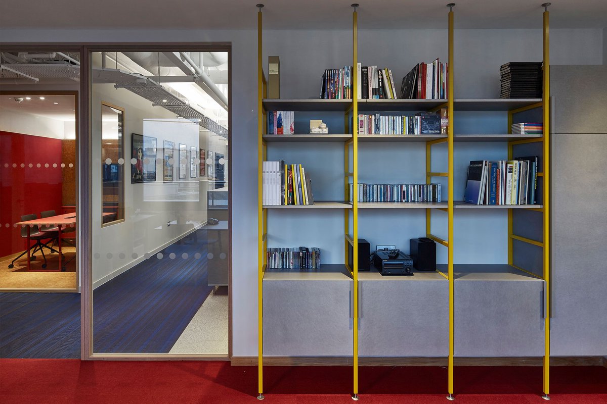 JackdawStudio's tweet photo. Bespoke shelving with yellow detailing in @AskonasHolt 's newly designed office. Smart and stylish we think. What do you think? #FreshSpaceFreshThinking https://t.co/NsNWuVaYdf