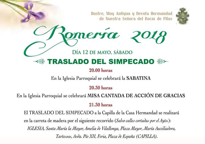 Hoy después de la misa de las  20:30h se procederá al tradicional traslado del Simpecado a su carreta para la próxima romería. #Rocío #Rocio2018 #Pilas