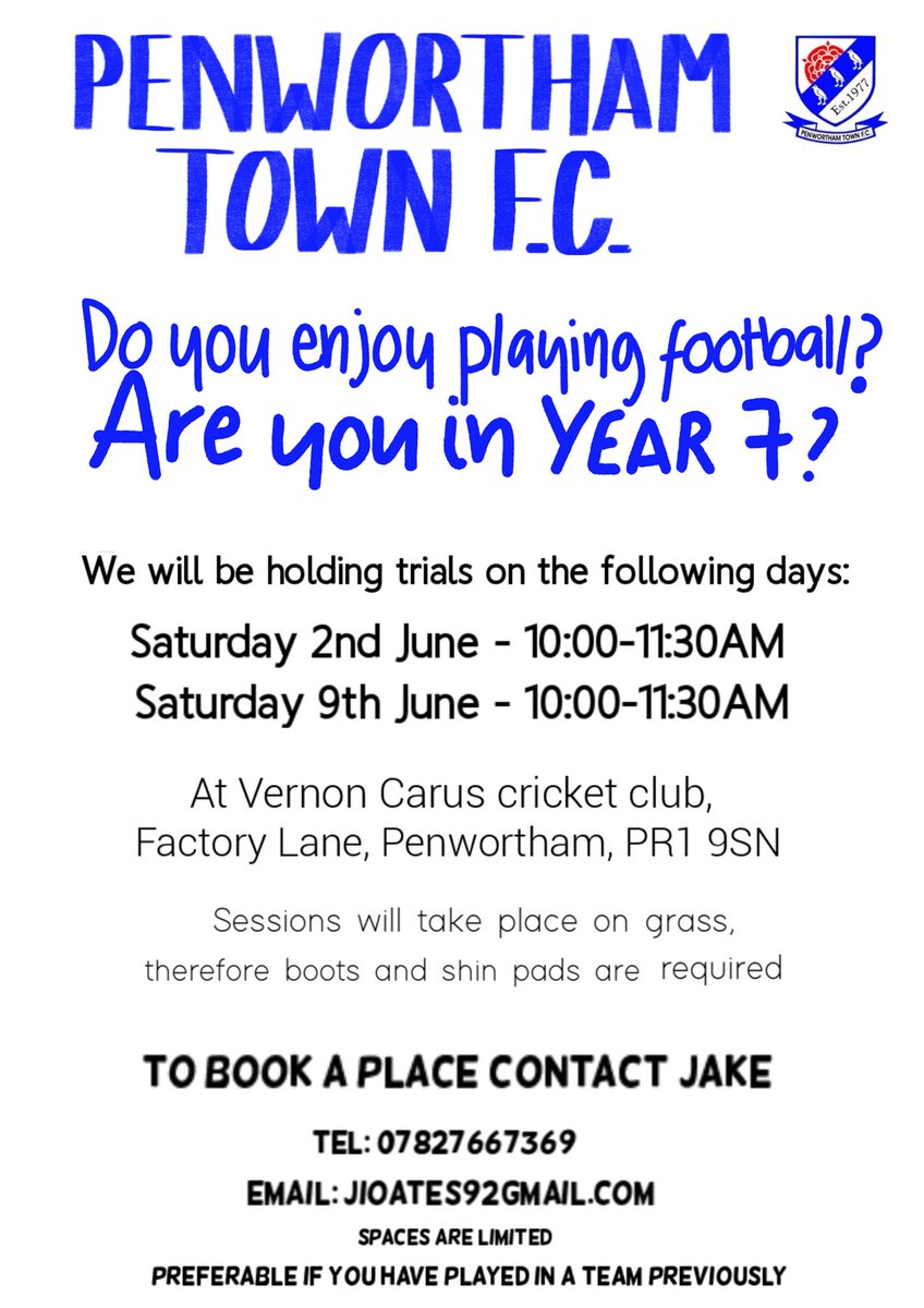 jioates's tweet photo. My Penwortham Town U12 team are in need of players for next season and we’re holding a couple of trial days on the first two Saturdays in June.

All the details are here, any RTs would be hugely appreciated #grassroots 🙏🏻⚽️ https://t.co/moAPm2xqL2