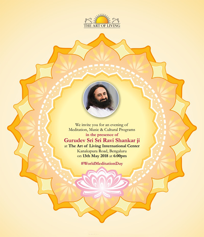 ArtofLivingIC's tweet photo. Celebrate Gurudev @SriSri's 62nd birthday by celebrating #WorldMeditationDay with us. 

We invite you to the Art of Living International Center, Bengaluru on 13th May 2018, 6 PM to make Gurudev’s birthday a celebration of love, service, and joy! https://t.co/nXXKA7gQYp