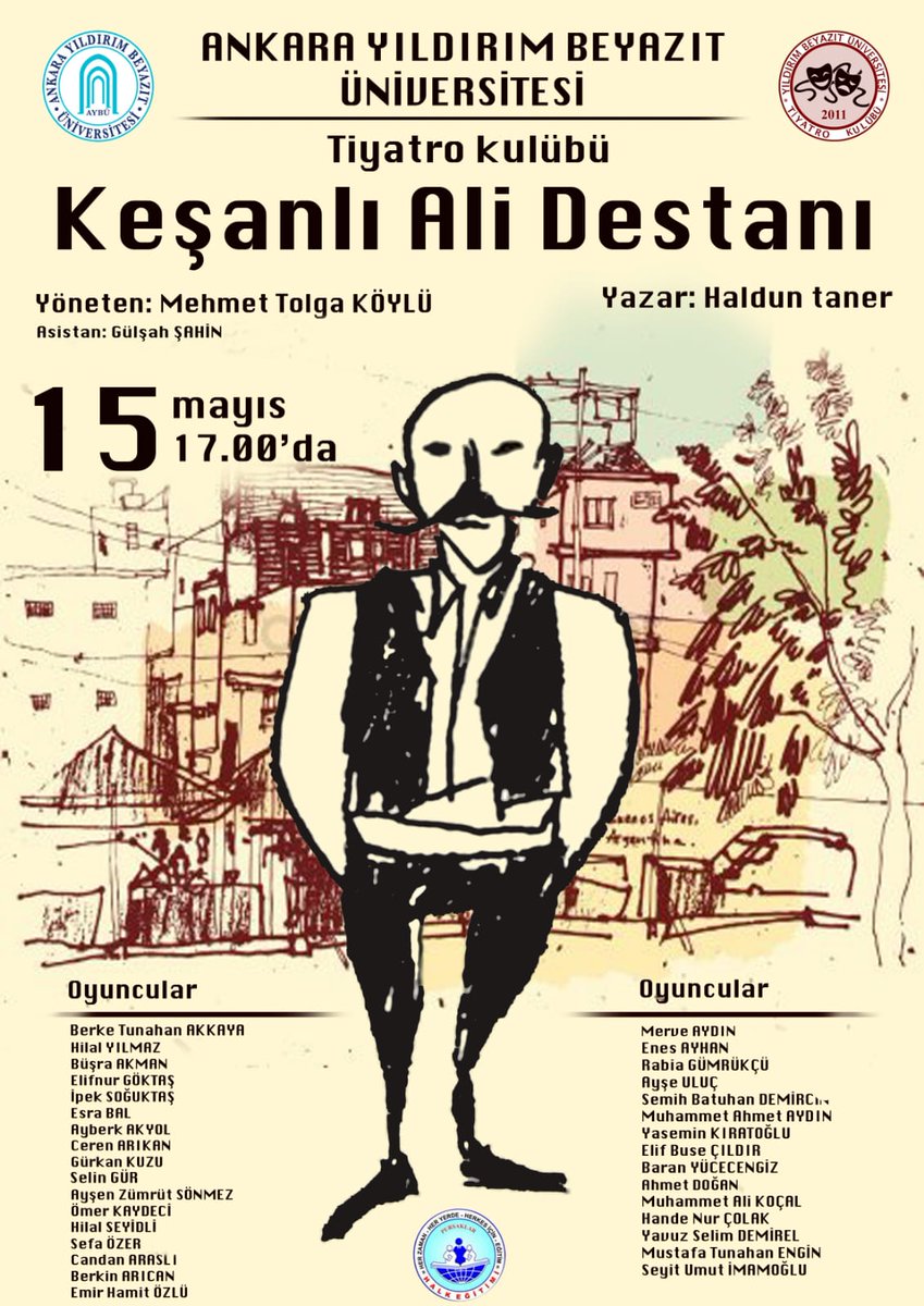 Üniversitemizde ‘Keşanlı Ali Destanı’ Tiyatro Gösterisi Gerçekleştirilecek
basin.ybu.edu.tr/?p=26103
📅 15 Mayıs 2018 Salı
🕞 17:00
📍 Etlik Milli İrade Konferans Salonu

Programa Herkes Davetlidir...
<a href="/drMetinDogan/">Prof.Dr.Metin Doğan</a> <a href="/aricankazim/">Musa Kazım ARICAN</a> <a href="/usanfatih/">M. Fatih Uşan</a> @aybunikonsey @abkarabulut