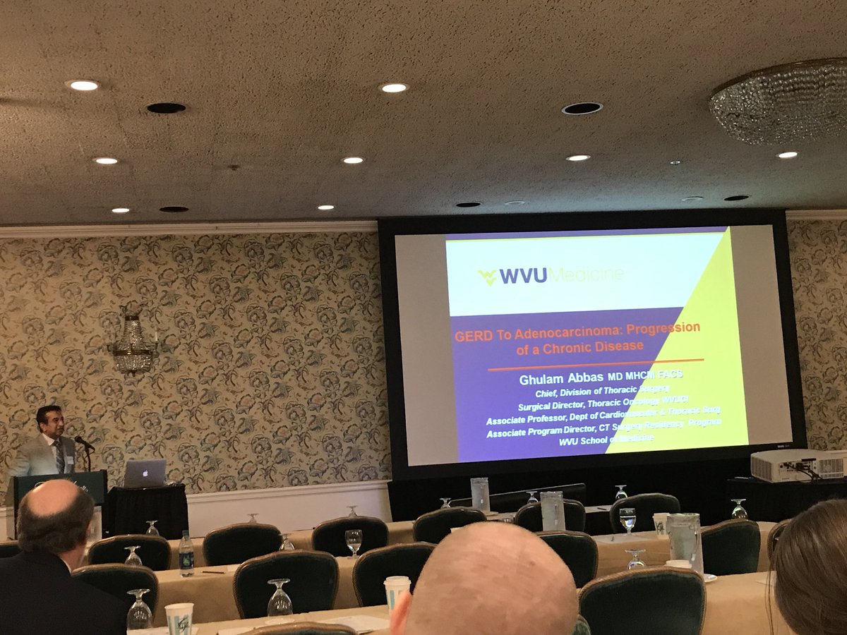 Dr. Abbas, chief of the division of #ctsurgery @WVUMedicine presents on the progression of GERD into esophageal #Cancers and the rise of #adenocarcinoma <a href="/AmCollSurgeons/">American College of Surgeons</a> WV chapter at the <a href="/The_Greenbrier/">The Greenbrier</a> <a href="/STS_CTsurgery/">The Society of Thoracic Surgeons</a> <a href="/OfficialSTSA/">Southern Thoracic Surgical Association (STSA)</a> @NCI_TGIB <a href="/thoracic/">ESTS</a>
