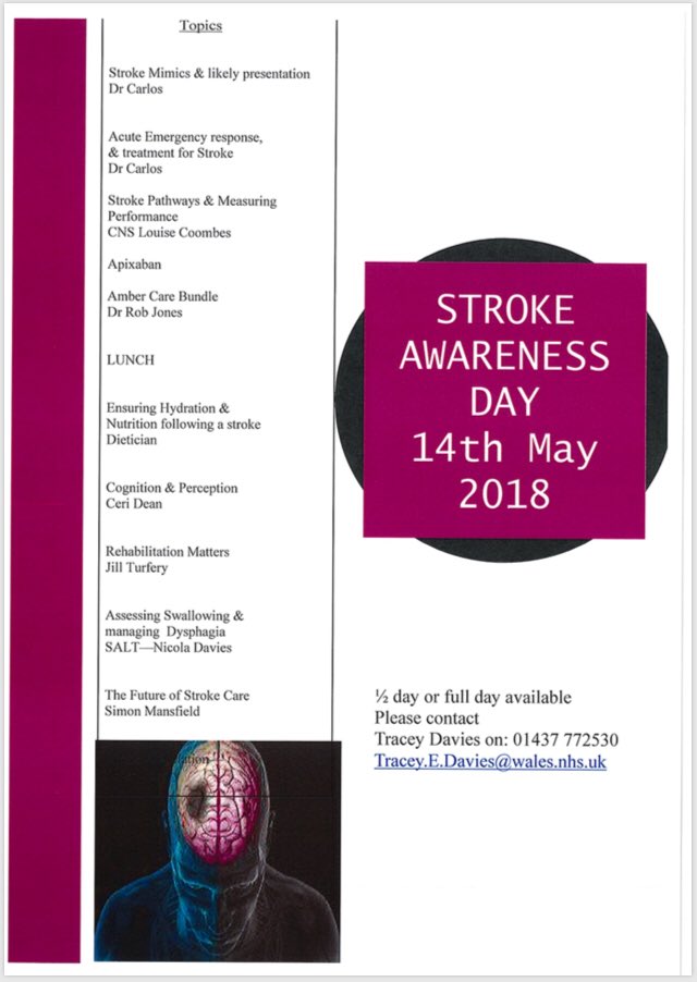janicew99's tweet image. Really looking forward to our Stroke Awareness Day on Monday in the Conference Centre #withybush 😊 Fantastic programme with MDT contribution #lotstolearn #improvingoutcomes @Nicola98403376 @HywelDdaHB @HelenAnnandale @claire_sims1 @KarenJThomas67 @StrokeWales @johnvevans