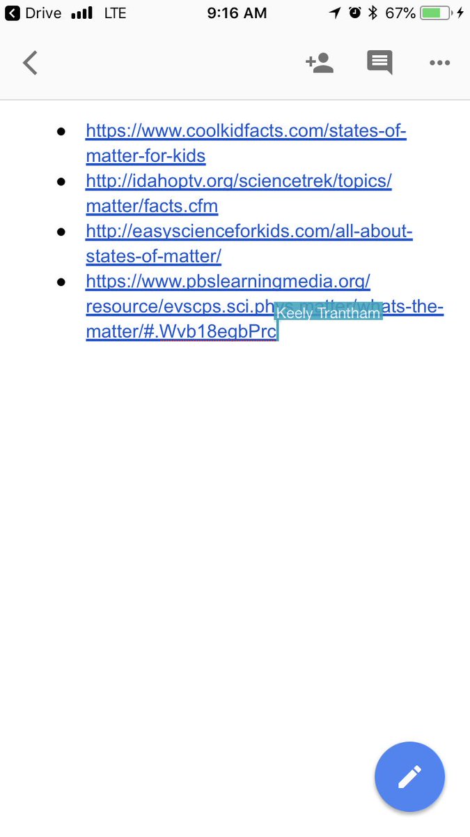 spsfalcons3's tweet photo. There’s no better feeling than when you receive a shared document on a Saturday morning from a student called States of Matter links, with research and links of activities they think we should do  in our matter Unit! @TeamMeyerSPS @gakroenke #engaged https://t.co/IOIlv3VJlt
