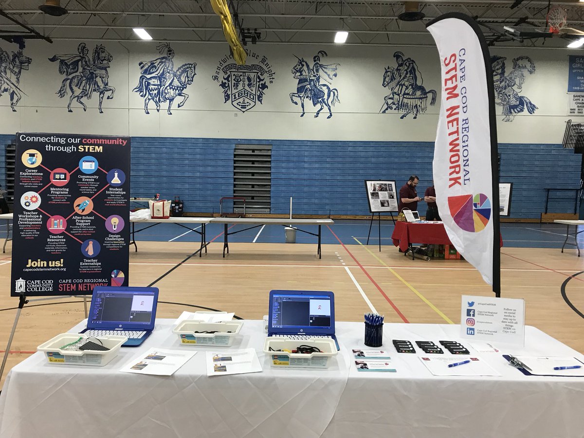 CapeCodSTEM's tweet photo. We are set up and ready for #STEMJourneyV today! Come out to @SHSBlueKnights from 11-3:30 for a day of robotics! #CapeCodSTEM #STEMonCapeCod https://t.co/bA4GRh8AIH