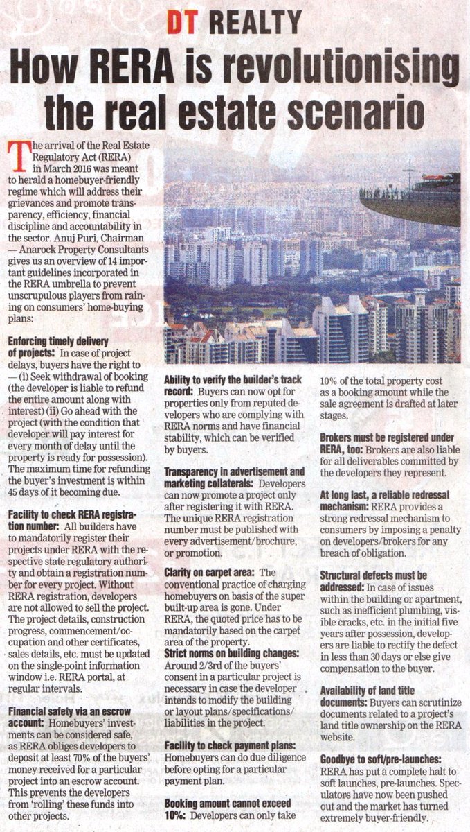 ANAROCK's tweet photo. ANAROCK Chairman, Anuj Puri, gives us an overview of 14 important guidelines incorporated in the RERA umbrella to prevent unscrupulous players from rainÂ­ing on consumers' home-buying plans. https://t.co/oxlAD0HDUZ