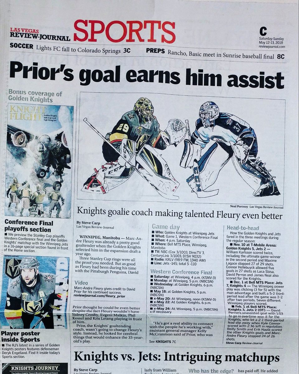 NealPortnoy's tweet photo. @RACHELFOX5 My artwork on the front page of SPORTS 5.12.18 in the Las Vegas Review Journal. #goknightsgo #reviewjournal #stevecarp #goldenknights #fox5 https://t.co/Ff4fYfmjhs
