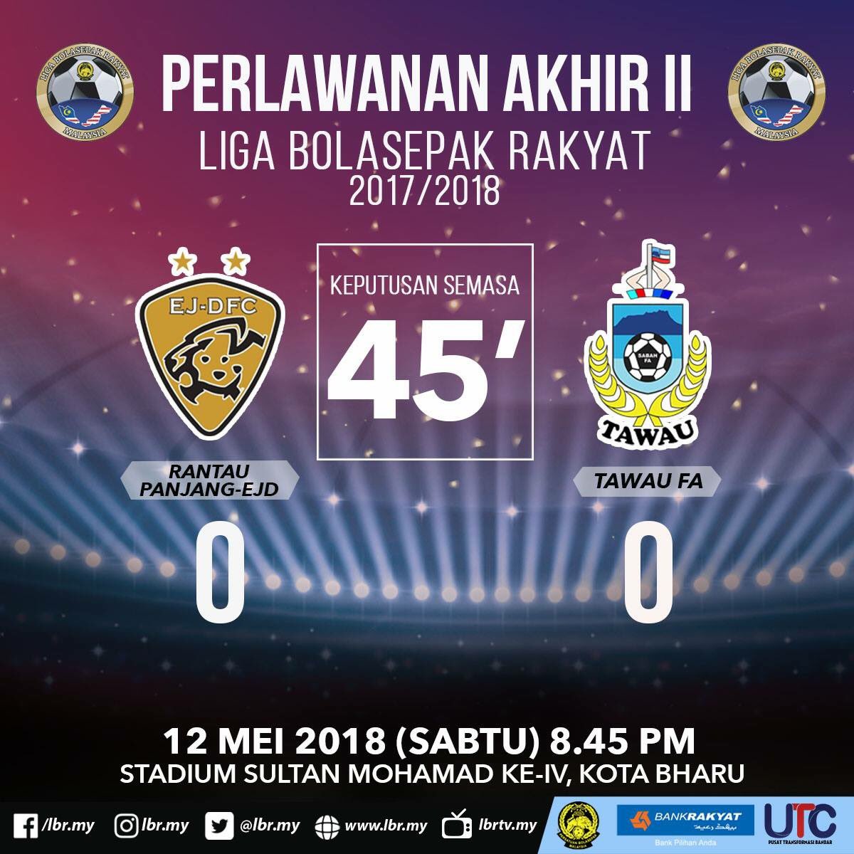 FINAL II 2017/2018, Halftime:

RANTAU PANJANG EJ-D ( 0 - 0 ) TAWAU FA

Agregat:
RANTAU PANJANG EJ-D ( 1 - 2 ) TAWAU FA

LIVE STREAMING - mycujoo.tv/video/fa-malay…

#ligabolasepakrakyat
#lbrmy
#FINALLBR
