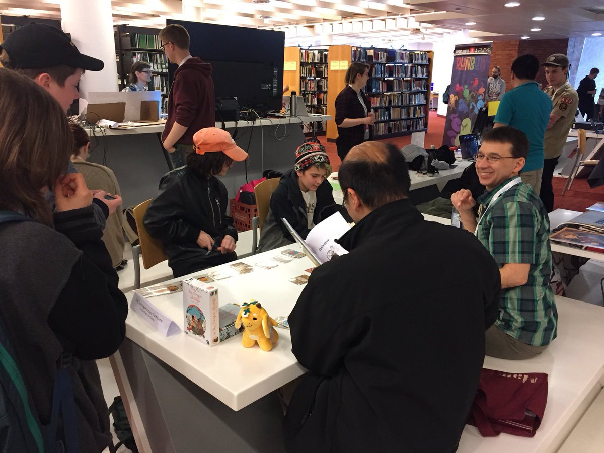 HandEyeSociety's tweet photo. Comics X Games is all set up for #TCAF! Check out Visual Novel Alley with @babbygoth @pillowfightio @trainmilfsgame @gblekkenhorst and more; @rdgsteve is running the Tea Dragon Society Card Game; Chase Birds with @davidczar_ and buy a cute felt dog! @TorontoComics  @OMDCtweets https://t.co/7WM5nAwX0H