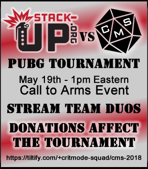 GabeCNJ's tweet photo. PUBG tournament fundraiser!!!  May 19th - Stream teams @StackUpDotOrg versus @CritModeSquad - Help spread the word.  The more we raise, the more we unlock for the event.  @dragonwingtv @TwitchStarsTV @the_team4fun - Shoutcasted by @TheGameCase and myself! https://t.co/idZqVb18eQ