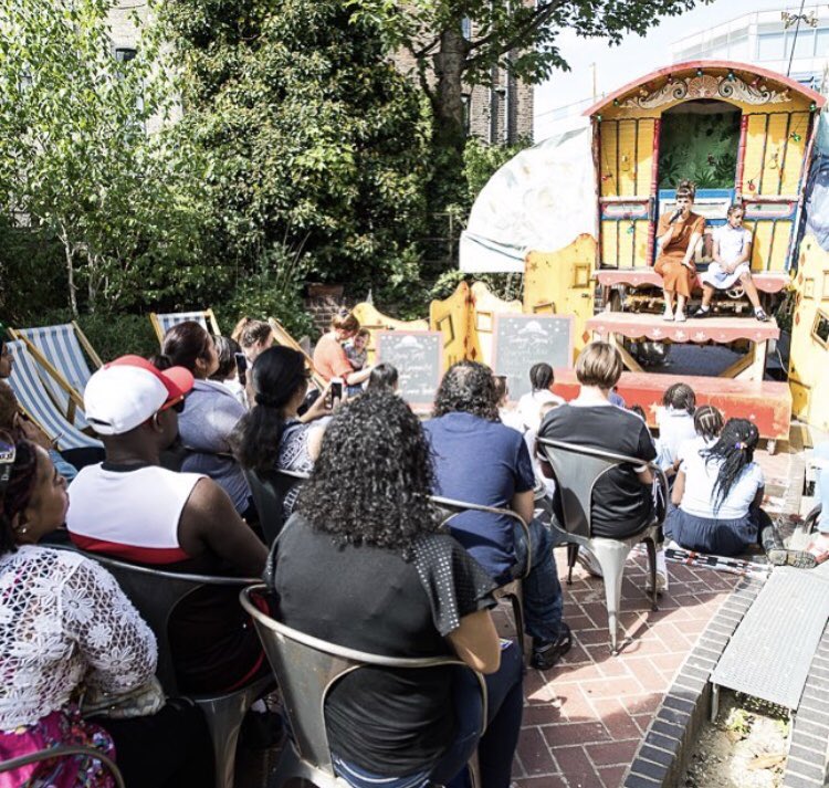 SuttonHouseNT's tweet photo. Yesterday our Recycled Teenagers and The Golden Spies came together for a workshop and performance on the Gypsy Caravan Theatre. We also had local YR 5&3 girls perform on Wednesday, and a grandparent and children workshop and shows today. #intergenerationalart #womenstories https://t.co/5eKmU5dxjj