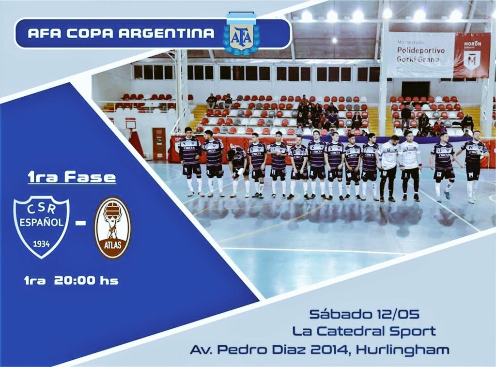 Hoy es día de #Copa 🏆
<a href="/centroefutsal/">Centro Español Futsal AFA</a> vs. <a href="/FatimaFutsal/">ATLAS Futsal</a> 
🕗 20 hs.
🏟️ <a href="/LaCatedralFClub/">LaCatedralFútbolClub</a>