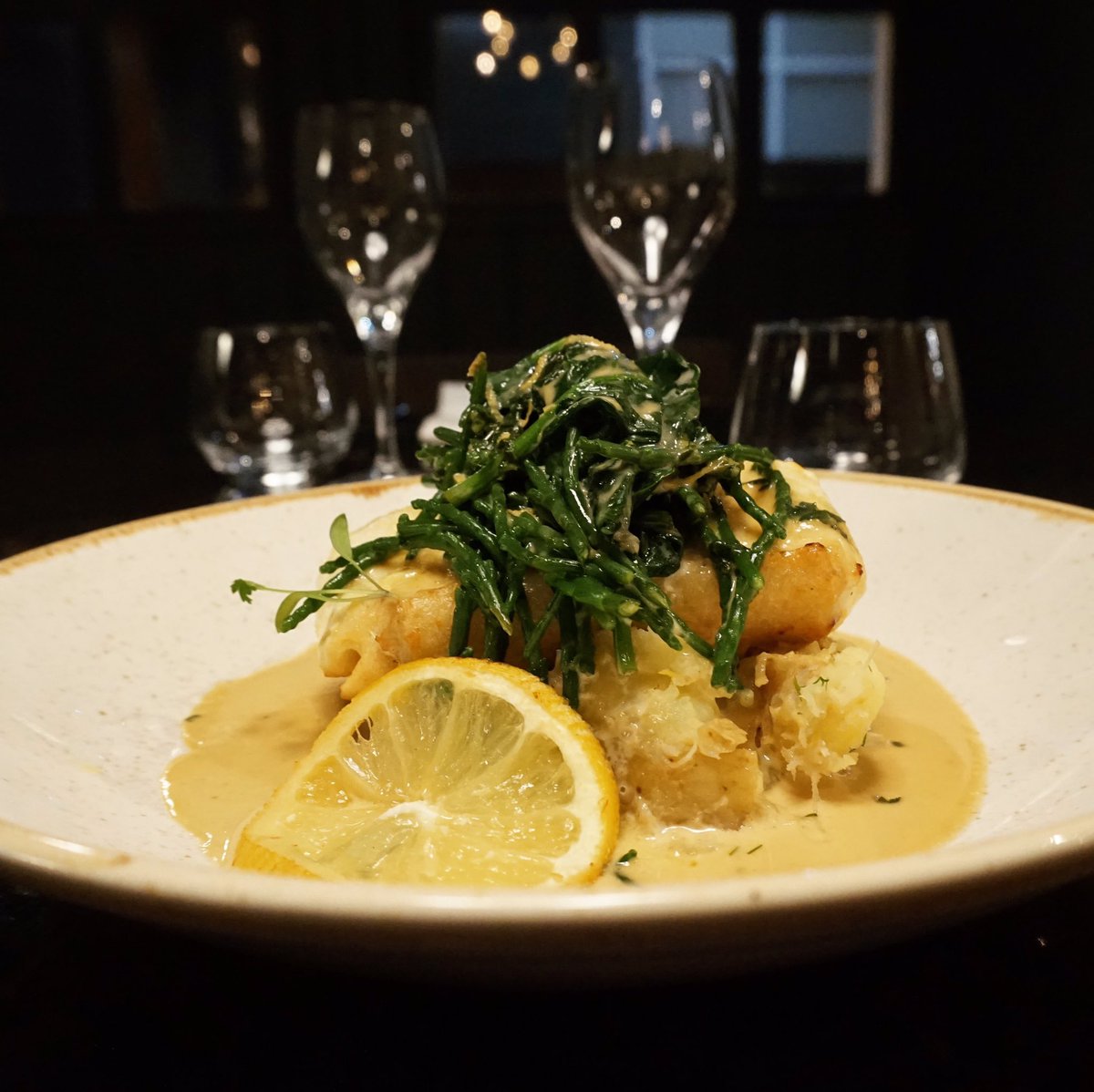 Pan fried fillet of halibut, dill &amp; crab potato hash, samphire, spinach, lemon champagne sauce 🐟🍴 #SwanStafford #WDYT #Stafford #Brasserie #BookNow