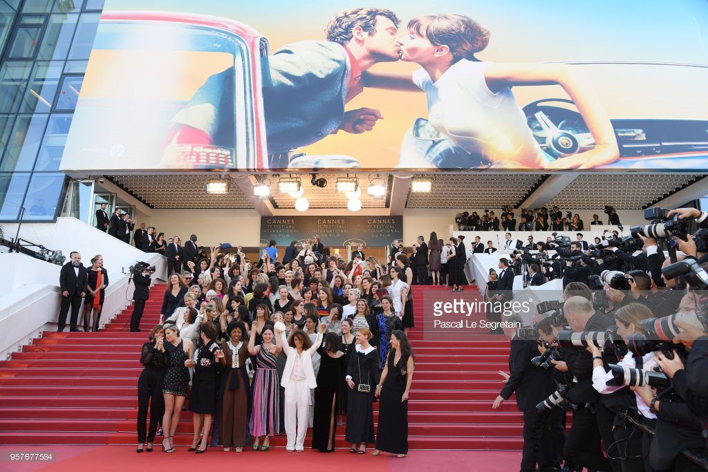 lisamarierae's tweet photo. EPIC gathering on the steps in protest of the lack of female filmmakers honored @Festival_Cannes. Only 82 films in competition in official selection have been directed by women BUT 1,645 films in the past 71 years directed by men. #Cannes2018📸#PascalLeSegretain @GettyImages https://t.co/HyZbyijF0x
