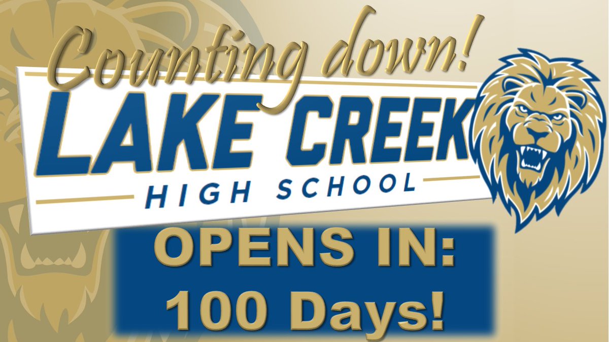 100 days until students are welcomed to their first day of class at Lake Creek High School!
<a href="/PhilTweaton/">Phil Eaton</a> @MISDNews <a href="/LakeCreekAdmin/">Lake Creek Admin</a> <a href="/Counselors_LCHS/">Lake Creek High School Counselors</a> <a href="/LcreekNotable/">Mane Connection- LCHS News</a> @KathyMi31534126 @mhs_tduoto <a href="/StoweFoSho/">Chris Stowe</a>